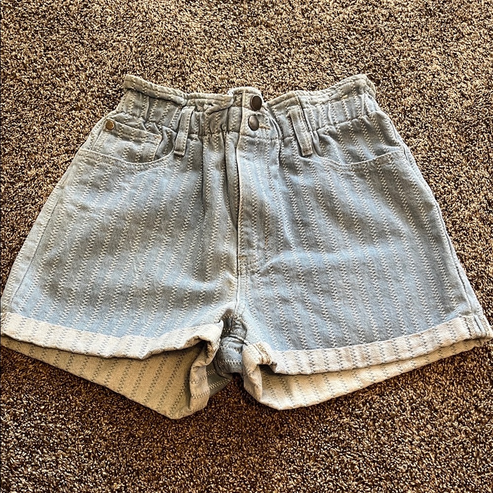 Light Blue High-Waisted paper bag Women Shorts